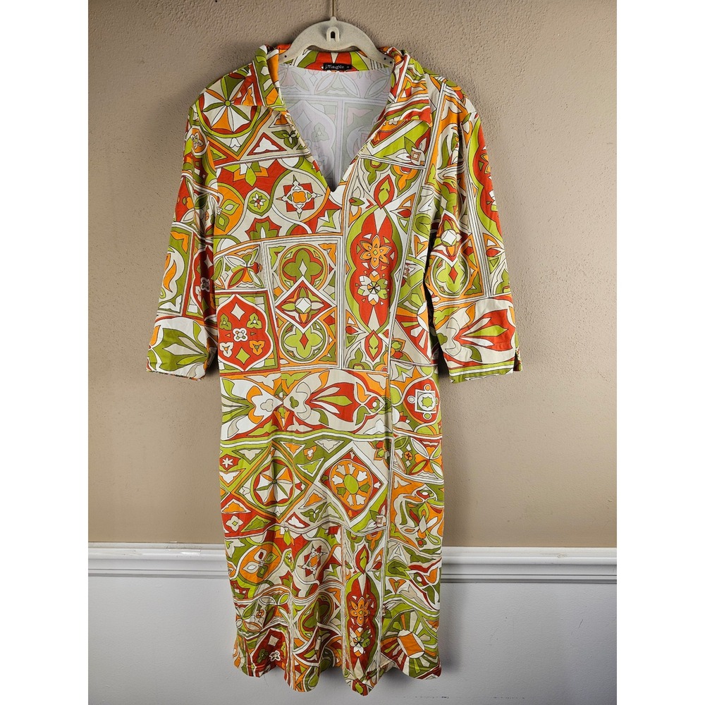 J McLaughlin Womens Orange Green‎ Abstract Vintage Inspired 3/4 Sleeve Dress Med